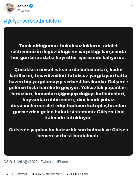 Beklenen açıklama geldi! Megastar Tarkan, meslektaşı Gülşen'in tutuklanmasına ilişkin paylaşım yaptı: “Gülşen hemen serbest bırakılmalı!” - Resim : 1
