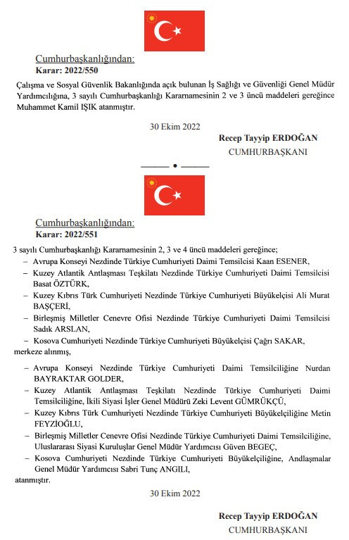 31 Ekim tarihli atama kararnamesi yayımlandı! Cumhurbaşkanı Erdoğan'dan bürokraside yeni görevden alma ve atamalar - Resim : 1