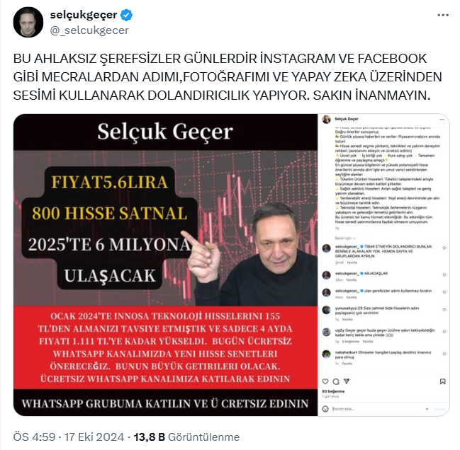 Selçuk Geçer’in Adıyla Hisse Dolandırıcılığı! Reklamı Paylaşıp Kesinkes Uyardı - Resim : 1