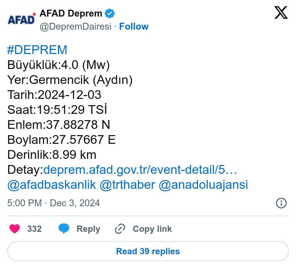 Aydın Germencik Depremle Sarsıldı - AFAD Son Depremler - Resim : 1