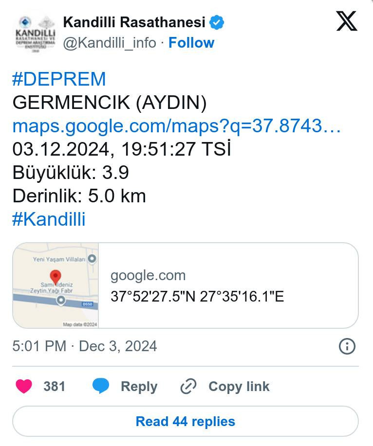 Aydın Germencik Depremle Sarsıldı - AFAD Son Depremler - Resim : 2