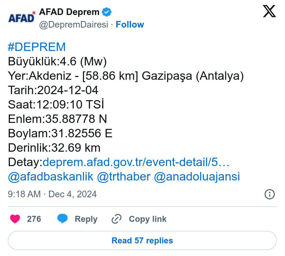 AFAD Duyurdu: Antalya Gazipaşa'da Deprem Oldu (Son Depremler) - Resim : 1