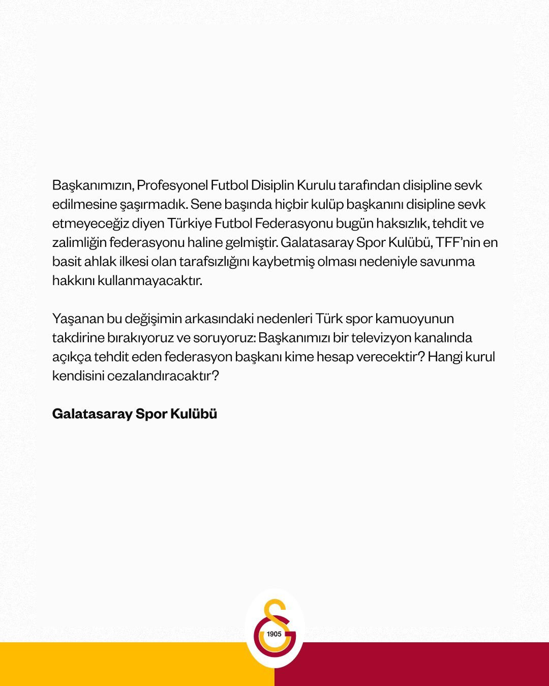 Galatasaray’dan PFDK Tepkisi: TFF Başkanı Kime Hesap Verecektir - Resim : 4