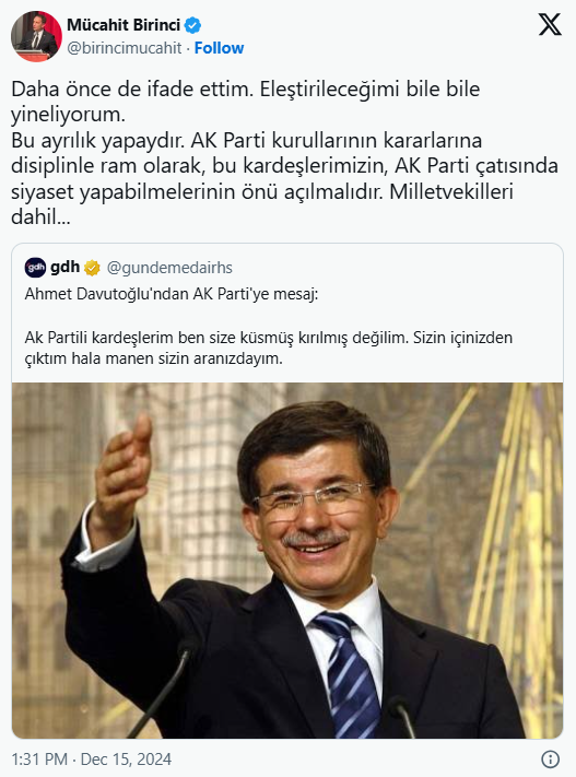 Davutoğlu, AK Parti Mesajı Vermişti… AK Partili Mücahit Birinci’den ‘Geri Dön’ Çağrısı: Önü Açılmalı - Resim : 1