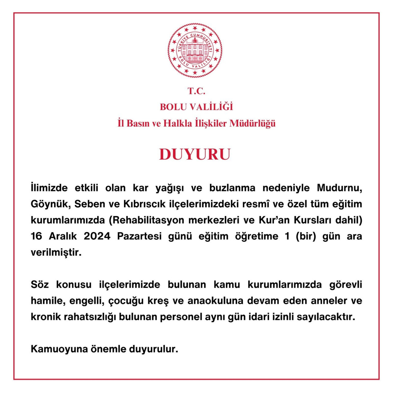 Bolu’nun 4 İlçesinde Okullara Kar Tatili: Hangi İlçelerde Okul Yok? Valilikten Tatil Açıklaması - Resim : 1