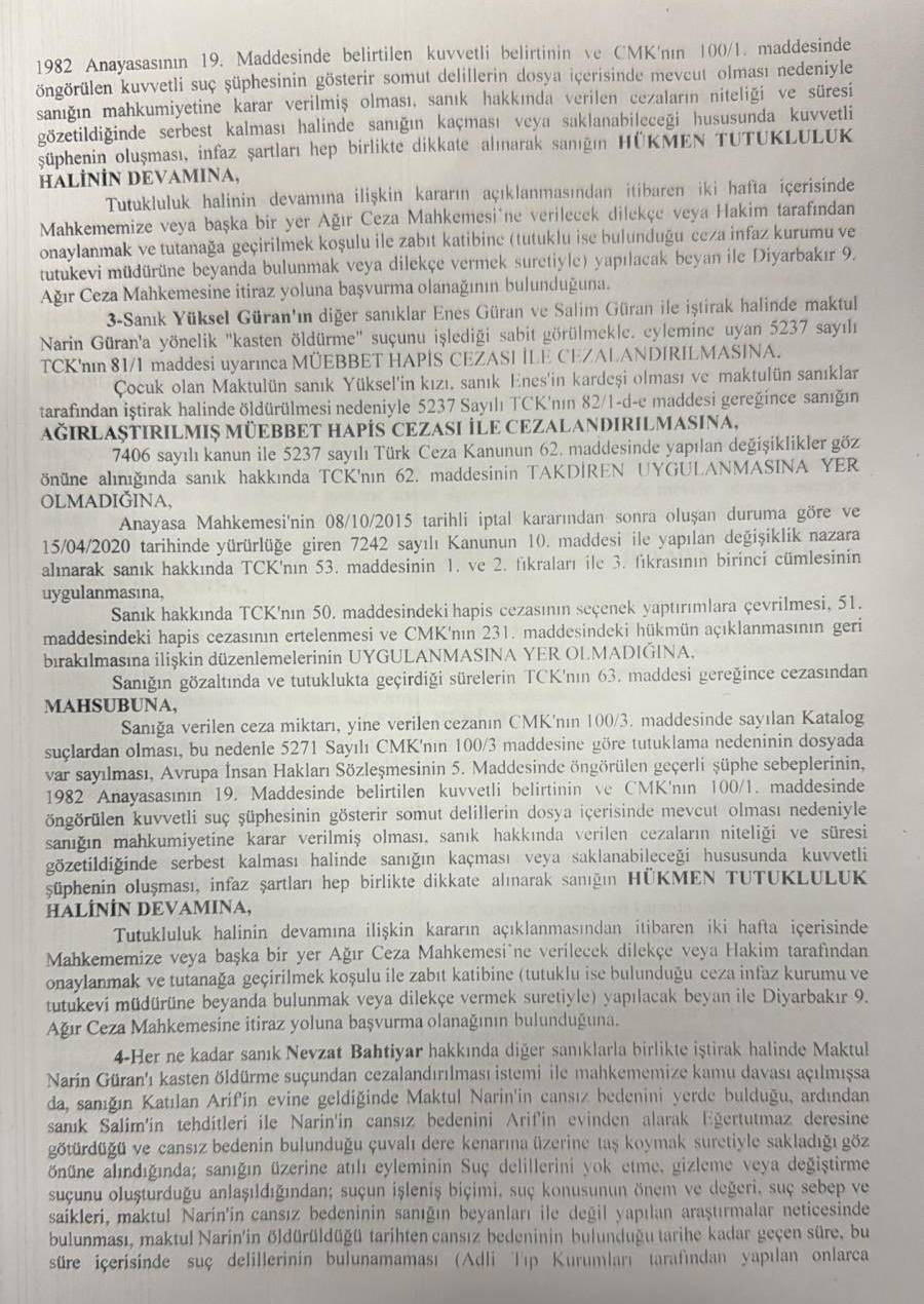 Narin Güran Cinayeti Davası Kararları: Anne, Ağabey ve Amcaya Ağırlaştırılmış Müebbet İtirafçı Nevzat’a 4 Yıl 6 Ay Hapis - Resim : 6