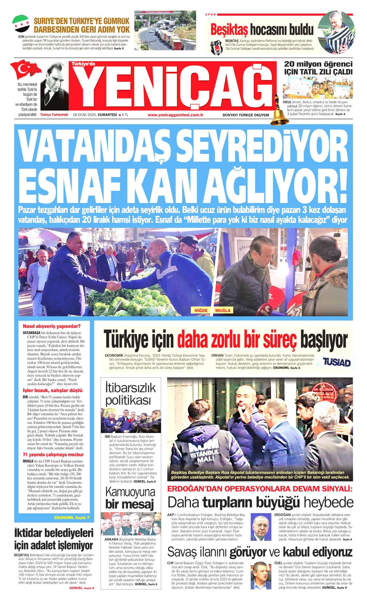 Yeniçağ Gazetesi Manşeti